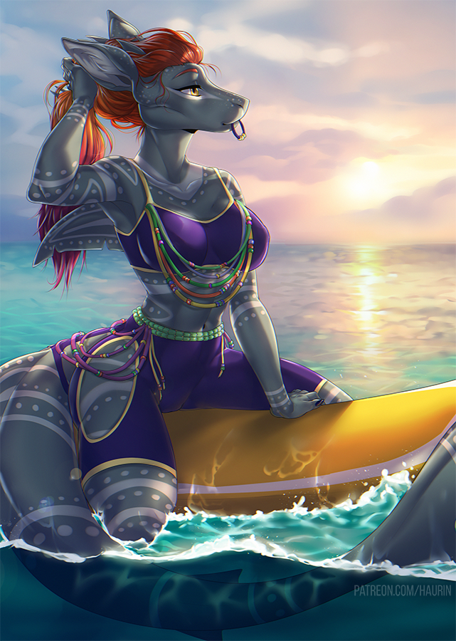 Shark on a surfboard at sunset 