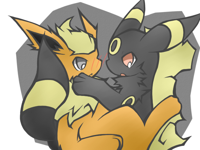 ambiguous_gender blush duo eye_contact feral fluffy hug looking_at_another open_mouth paws simple_background sitting shin_(artist) nintendo pokemon eeveelution flareon generation_1_pokemon generation_2_pokemon pokemon_(species) umbreon 4:3