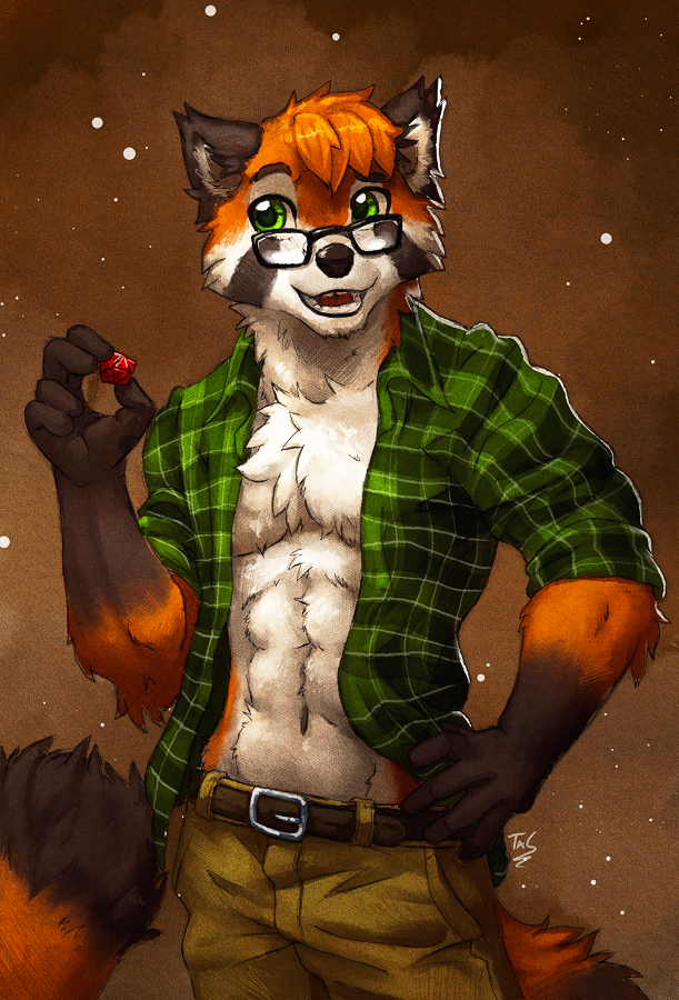 5_fingers abs anthro clothed clothing d20 dice eyewear fingers glasses green_eyes hair holding_dice male muscular muscular_anthro muscular_male open_clothing open_shirt open_topwear orange_hair pecs shirt smile solo topwear noviraine ailurid mammal red_panda 2018 digital_media_(artwork)