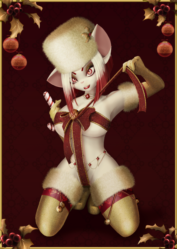 anthro candy candy_cane clothed clothing dessert female food fur gloves hair handwear holidays holly_(plant) kneeling legwear pattern_background plant red_background red_eyes simple_background skimpy solo stockings white_body white_fur white_hair coffinberry christmas eve_(coffinberry) mammal mouse murid murine rodent