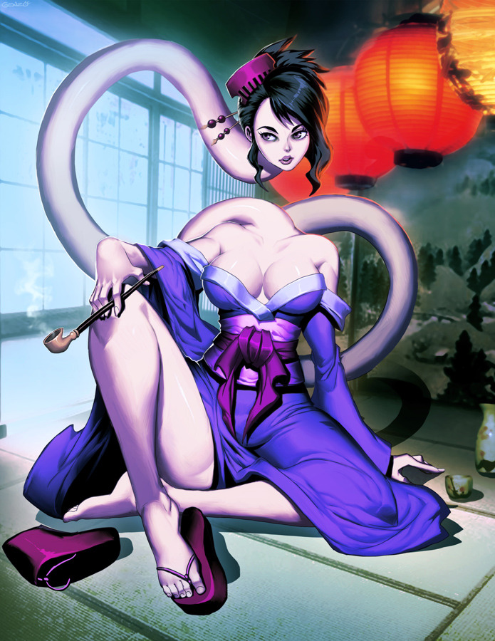 asian_clothing black_hair breasts clothing east_asian_clothing female footwear hair hair_decorations japanese japanese_clothing kimono lamp lantern long_neck not_furry purple_eyes sandals shoes solo tobacco_pipe genzoman asian_mythology east_asian_mythology japanese_mythology mythology humanoid rokurokubi yokai