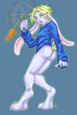 bottomless butt clothed clothing holding_object holding_weapon male melee_weapon nunchaku solo weapon calli lagomorph leporid mammal rabbit 2:3 digital_media_(artwork) low_res oekaki