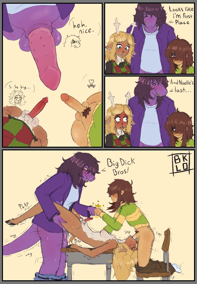 ambiguous_gender ambiguous_penetrating anal anal_penetration animal_genitalia animal_penis anthro anthro_on_anthro anthro_penetrated anthro_penetrating anthro_penetrating_anthro antlers balls big_balls big_penis bird's-eye_view black_hooves blonde_hair blush blush_lines blushing_profusely bodily_fluids bottomwear bottomwear_down breasts brown_body brown_fur buckteeth cervine_genitalia cervine_penis chair checkered checkered_clothing checkered_shirt checkered_topwear chest_tuft clothed clothed_anthro clothed_gynomorph clothed_human clothing clothing_around_legs clothing_lift cloven_hooves comparing comparing_penis countershade_fur countershade_torso countershading crotch_tuft dark_hair dialogue dipstick_tail double_penetration dripping erection eyebrows eyelashes fellatio fist_bump freckled_face freckles fur furniture furry_balls genital_fluids genitals gesture glans grin group group_sex gynomorph gynomorph/ambiguous gynomorph/gynomorph gynomorph_anthro gynomorph_penetrated gynomorph_penetrating gynomorph_penetrating_gynomorph gynomorph_penetrating_intersex hair hair_over_eye hand_on_another's_butt hand_on_butt heart_symbol high-angle_view holding_butt holding_clothing holding_object hooves horn huge_balls huge_penis humanoid_genitalia humanoid_penis inner_ear_fluff intersex intersex/ambiguous intersex/intersex intersex_anthro intersex_penetrated intersex_penetrating intersex_penetrating_gynomorph intersex_penetrating_intersex interspecies jacket leaking leaking_precum leaning leaning_forward leg_tuft legs_up long_ears long_hair long_tail looking_aside looking_at_another looking_at_partner looking_pleasured lying markings medial_ring motion_lines nervous nervous_smile nervous_sweat nipples nude on_back on_table oral oral_penetration pants pants_down partially_clothed partially_clothed_anthro pattern_clothing pattern_shirt pattern_topwear penetration penile penile_penetration penile_spines penis penis_awe penis_in_ass penis_in_mouth penis_size_difference pink_nipples pink_penis plap platform_sex precum precum_drip pubes purple_body purple_skin purple_tail red_penis scut_tail sex shaking shaking_legs sharp_teeth shirt short_hair short_tail side_view simple_background slurping small_breasts small_penis smile smiling_at_another smiling_at_each_other smiling_at_partner sound_effects speech_bubble spitroast striped_clothing stripes sweat sweatdrop sweater sweaty_body sweaty_face table tail tail_markings tail_motion tailwag teeth text thought_bubble threesome thrusting topwear tremble_spikes trembling trio tuft white_inner_ear white_inner_ear_fluff yellow_sclera bklo deltarune undertale_(series) kris_(deltarune) noelle_holiday susie_(deltarune) deer human mammal new_world_deer reindeer reptile scalie comic english_text signature