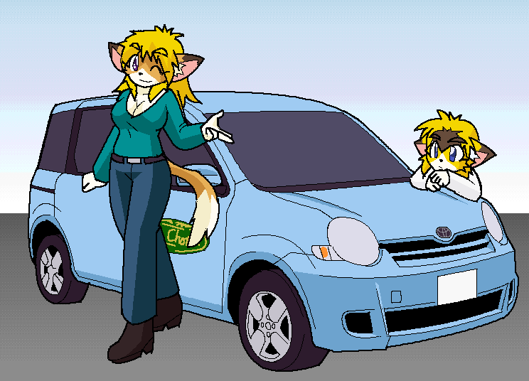 anthro blonde_hair blue_eyes brown_eyes car clothing duo female fur hair kemono one_eye_closed simple_background smile vehicle wink yellow_body yellow_fur kobuchi_(524koki) canid canine canis domestic_cat domestic_dog felid feline felis mammal aliasing binary_drawing digital_drawing_(artwork) digital_media_(artwork)