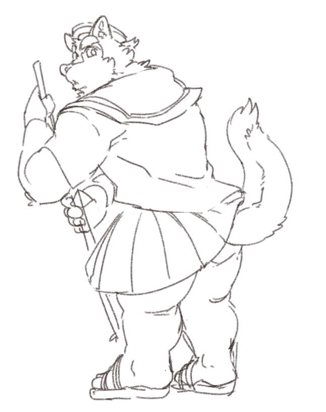 anthro bottomwear broom cleaning_tool clothed clothing crossdressing looking_back male sailor_hat sailor_uniform skirt solo sweeping tail tail_under_skirt exe_exem lifewonders live_a_hero pubraseer canid canine canis domestic_dog mammal digital_drawing_(artwork) digital_media_(artwork) sketch