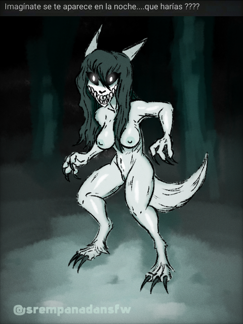 anthro black_hair black_sclera bone breasts claws female forest genitals hair long_hair looking_at_viewer plant pupils pussy skull skull_head solo tail tree white_pupils sr_empanada malo monster 3:4