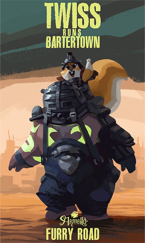 anthro armor buckteeth duo female headgear helmet holidays larger_male male open_mouth size_difference smaller_female teeth text april_fools'_day armello league_of_geeks mad_max brun_(armello) twiss_(armello) bear mammal rodent sciurid tree_squirrel english_text official_art