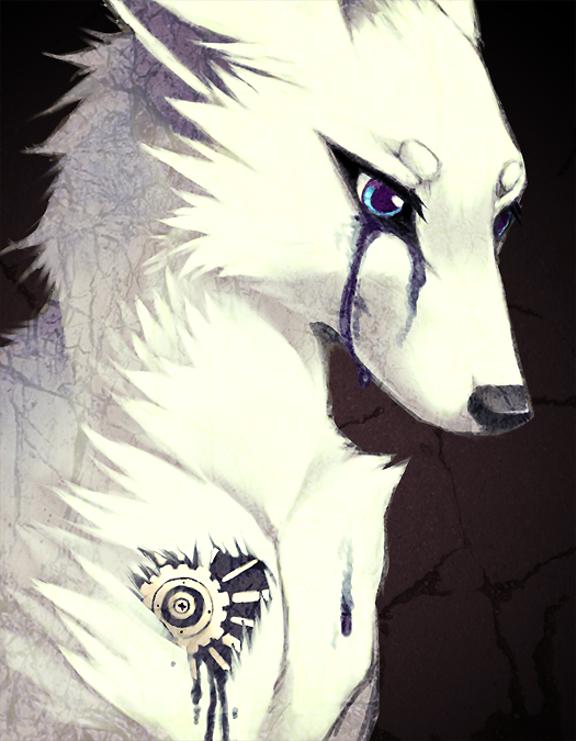 ambiguous_gender black_nose black_tears blue_eyes bodily_fluids circle_eyebrows crying dripping eyebrows feral fur gear heart_symbol looking_down oil solo tears tuft white_body white_fur falvie canid canine mammal 2011 shaded