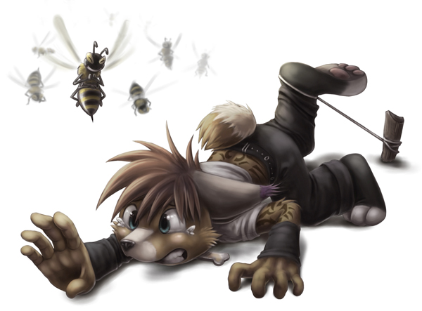 anthro belt blue_eyes bodily_fluids bottomwear clothed clothing feet hindpaw insect_wings male pants paws shirt simple_background solo stake tattoo tears teeth tie-out topwear white_background wings silverfox5213 arthropod bee felid feline hymenopteran insect lynx mammal 2010