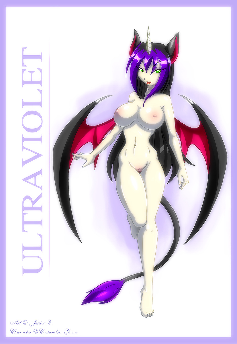 alternative_fashion anthro big_breasts breasts female genitals goth membrane_(anatomy) membranous_wings nipples nude pubes pussy solo tail text wings matypup asha_hira demon ukimori english_text hi_res