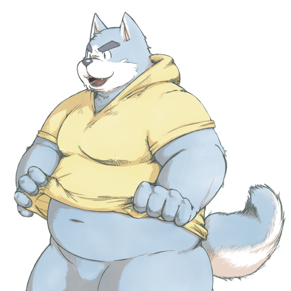 anthro belly blue_body blue_fur clothing fur hoodie humanoid_hands kemono male navel overweight overweight_anthro overweight_male simple_background solo topwear white_background yuzpoco canid canine canis mammal wolf 1:1 2008