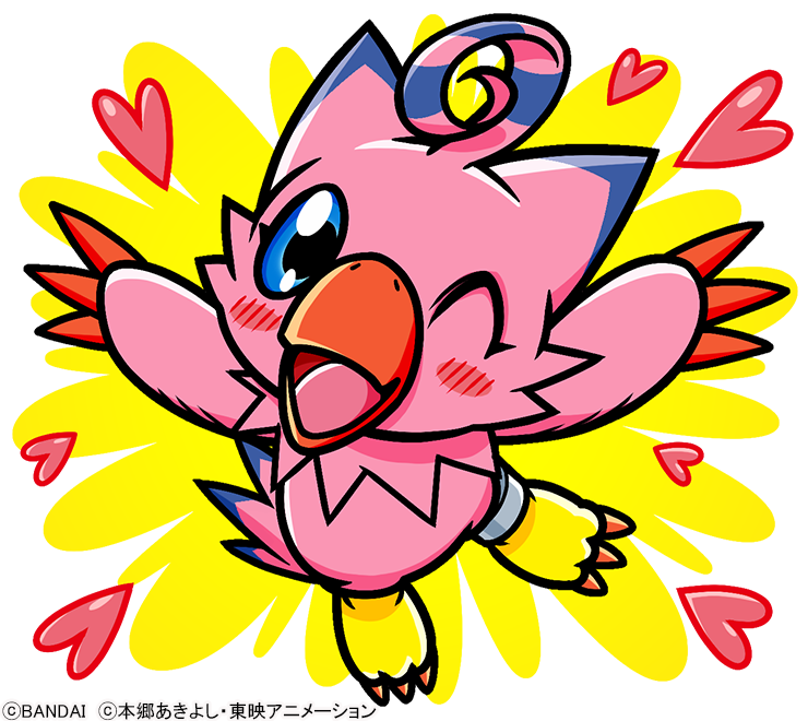 beak blue_body blue_eyes blue_feathers claws eyelashes feathers female flying heart_symbol markings one_eye_closed open_mouth pink_body pink_feathers red_claws ring ring_on_leg semi-anthro solo toe_claws wink yellow_body unknown_artist bandai_namco digimon avian biyomon digimon_(species) official_art