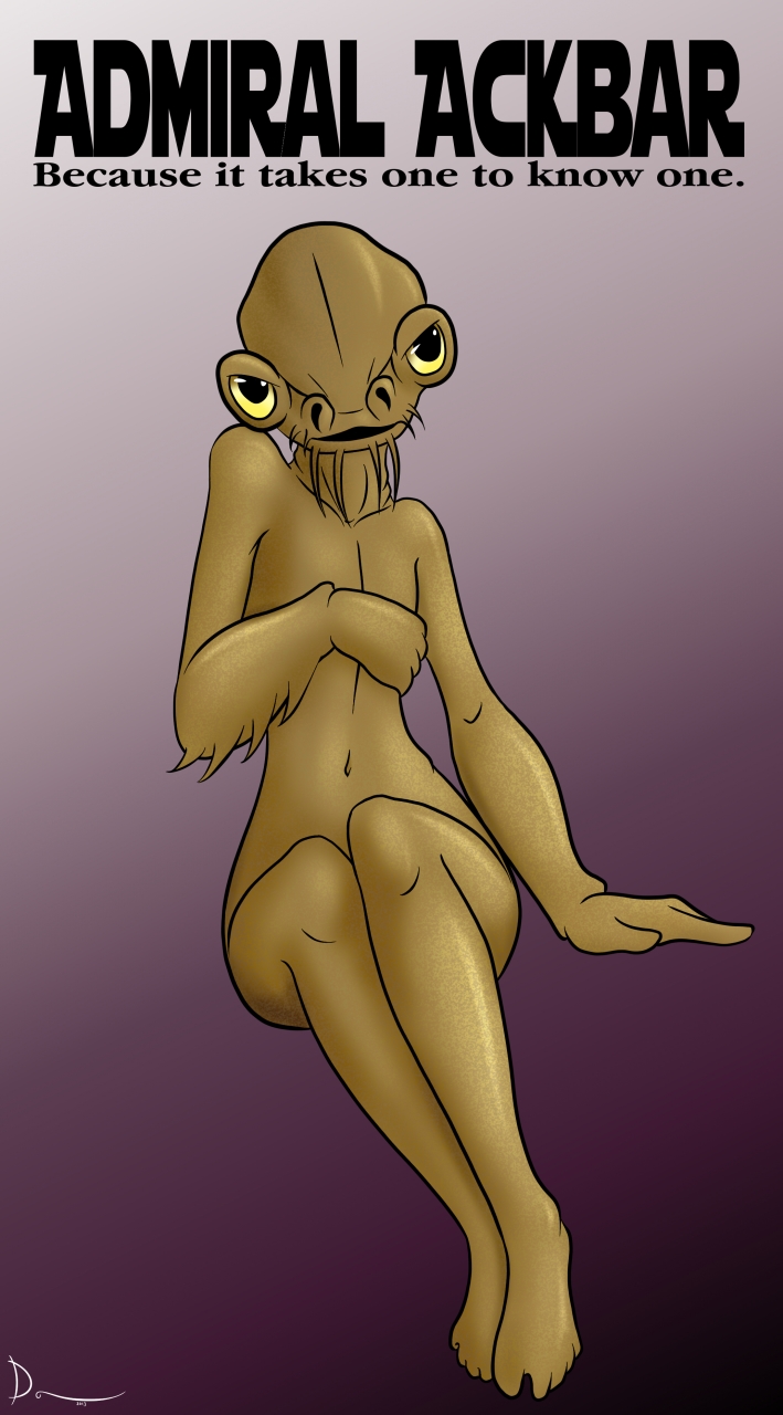 ambiguous_gender anthro bald covering covering_chest covering_self femboy gills humor looking_at_viewer navel nude open_mouth plantigrade seductive simple_background sitting solo spikes text yellow_eyes danaume star_wars admiral_ackbar alien arthropod mon_calamari english_text hi_res male_(lore)