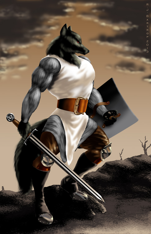 anthro armor belt biceps black_body black_fur boots bottomwear burnt chainmail clothing cloud fantasy footwear fur grey_sky heater_shield knight longsword male melee_weapon metal_shield muscular muscular_male pants red_eyes shield shoes sky solo steel-toe_boots surcoat sword tail warrior weapon richard_bartrop canid canine canis mammal wolf 2013