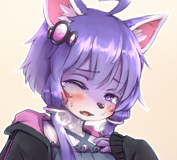 anthro black_clothing black_hoodie black_topwear blush bodily_fluids breath clothed clothing eyebrows female fur hair hoodie kemono long_hair open_mouth panting purple_body purple_eyes purple_fur purple_hair raised_inner_eyebrows simple_background solo sweat topwear shiitakemeshi vocaloid yuzuki_yukari canid canine canis domestic_dog mammal