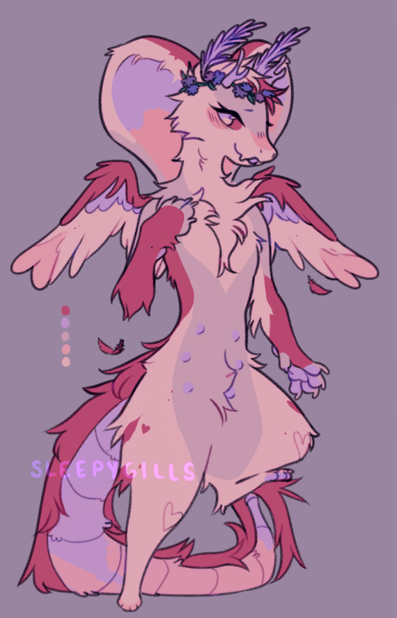 anthro antlers chest_tuft feathered_wings feathers feelers female flat_chested flower fluffy fur hood horn multi_nipple nipples paws pink_eyes plant simple_background solo spread_wings standing teats tuft wings sleepygills azukipuddles hybrid mammal reptile scalie snake