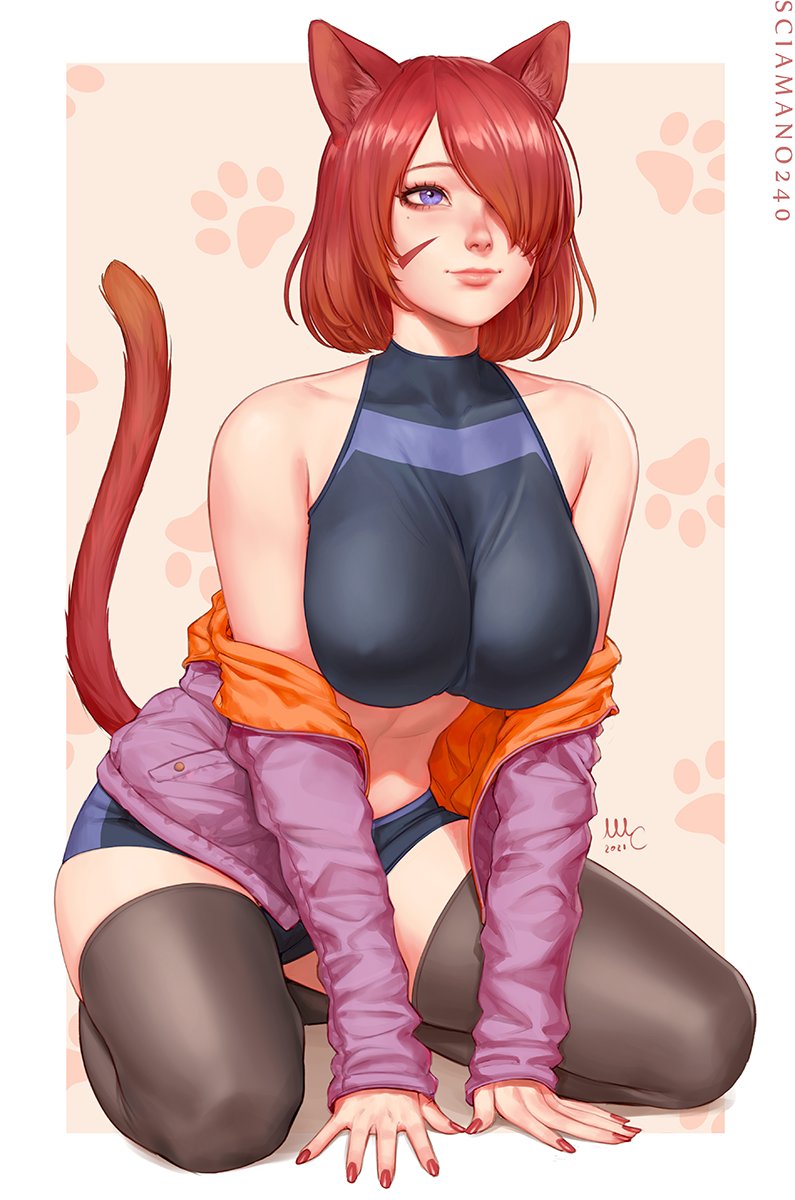 big_breasts blue_eyes breasts cleavage clothed clothing female hair hair_over_eye legwear nipple_outline one_eye_obstructed red_hair solo thigh_highs sciamano240 animal_humanoid cat_humanoid felid felid_humanoid feline feline_humanoid humanoid mammal mammal_humanoid 2020 hi_res