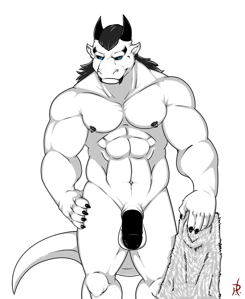 abs anthro balls biceps big_muscles big_penis biped black_claws black_hair black_horn black_nipples black_penis blue_eyes circumcised claws ear_piercing fangs flaccid fur genitals hair half-erect horn looking_at_viewer male muscular muscular_anthro muscular_male nipple_piercing nipples nude pecs penis piercing pose simple_background solo tail teeth thick_penis towel psycohound mythology zerk dragon furred_dragon furred_scalie mythological_creature mythological_scalie scalie