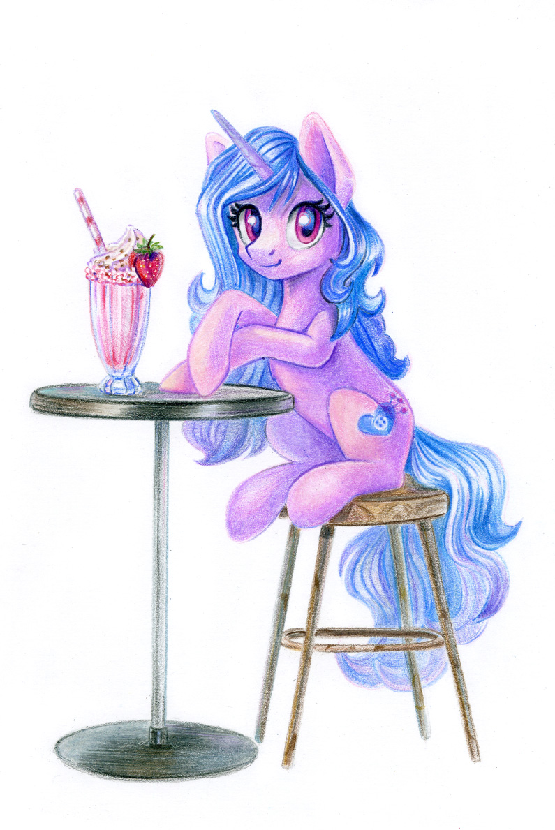 beverage blue_hair blue_tail cutie_mark drinking_straw eyelashes female feral food fruit fur furniture hair horn long_hair looking_at_viewer milkshake plant purple_body purple_eyes purple_fur simple_background sitting sitting_on_stool smile smiling_at_viewer solo stool strawberry table tail white_background maytee hasbro mlp_g5 my_little_pony mythology izzy_moonbow_(mlp) equid equine horse mammal mythological_creature mythological_equine pony unicorn 2022 colored_pencil_(artwork) traditional_media_(artwork)