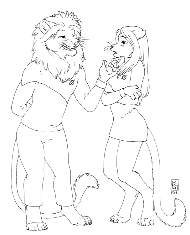 4_toes anthro barefoot breasts claws clothing digitigrade dress duo feet female fur grin hair male male/female mane mane_hair smile tail tail_tuft toes tuft whiskers kacey chakona_space star_trek m'lai_saraath caitian felid mammal 2008 greyscale monochrome