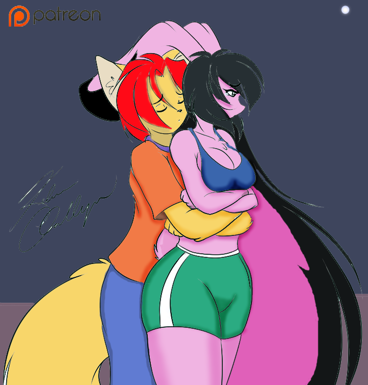 anthro big_breasts big_ears black_hair blush bottomwear breasts clothed clothing duo eyes_closed female floppy_ears fur grey_background hair hug hugging_another hugging_from_behind long_ears long_hair male multicolored_hair pink_body pink_fur pink_hair sad shirt shorts simple_background topwear two_tone_hair blackwind_zero mastergodai rascals jazmin_usagi quick_bourne lagomorph leporid mammal rabbit rodent sciurid tree_squirrel