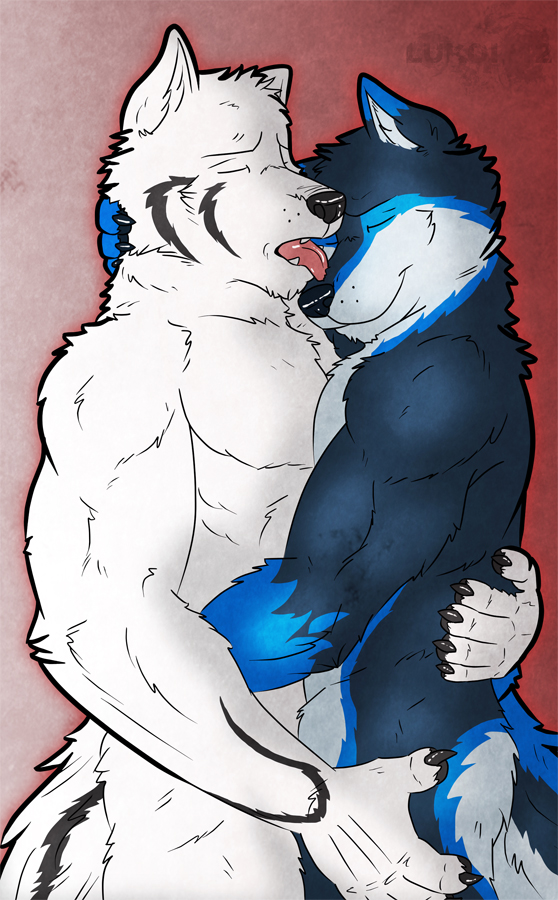 abs anthro anthro_on_anthro athletic biceps black_body black_fur blue_body blue_fur claws cuddling duo eyes_closed fangs fur hug licking love male male/male muscular muscular_male nude open_mouth pecs romantic romantic_couple standing tail teeth tongue tongue_out white_body white_fur lukoi backdraft vond canid canine canis mammal wolf