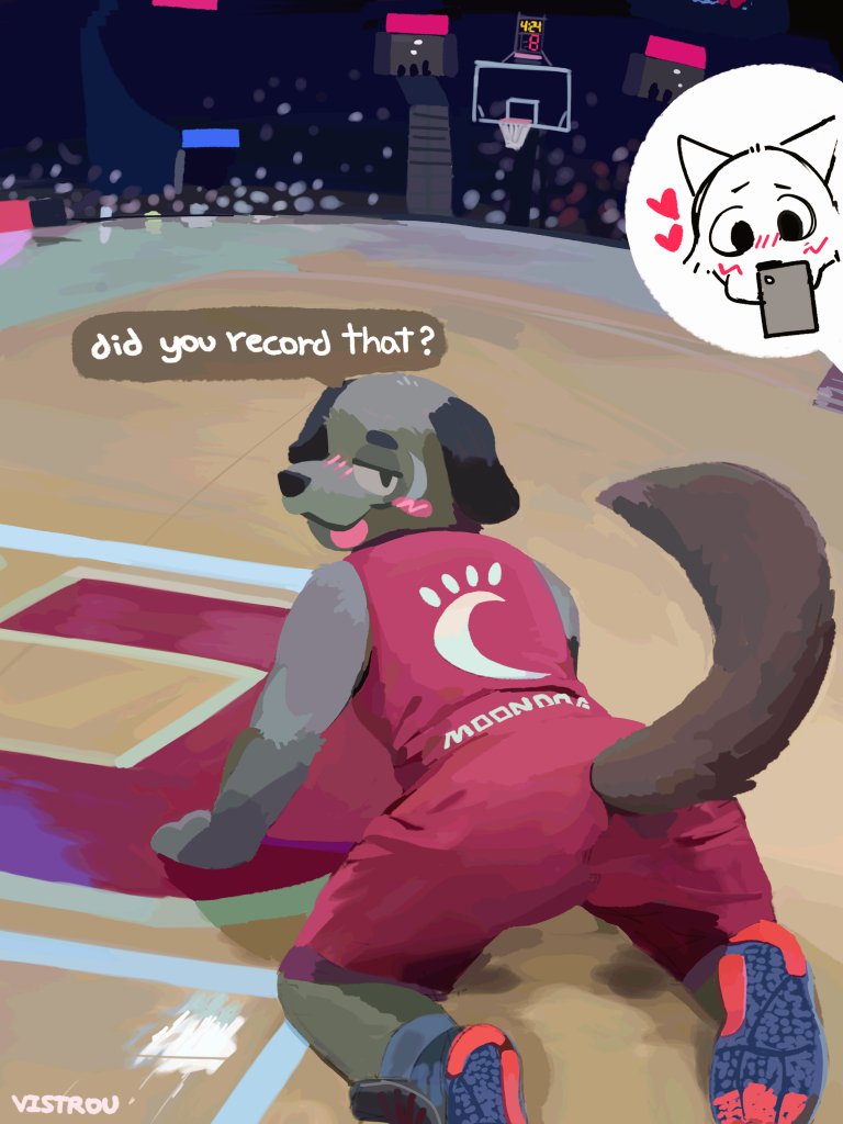 all_fours anthro anthro_focus bald basketball basketball_court bedroom_eyes black_body black_fur blue_clothing blue_footwear blue_shoes blush bottomwear clothing cutaway dialogue duo floppy_ears footwear fur furgonomics grey_body grey_clothing grey_footwear grey_fur grey_shoes looking_at_viewer looking_back male male_focus narrowed_eyes red_bottomwear red_clothing red_footwear red_shirt red_shoes red_shorts red_topwear running_shoes seductive shirt shoes shorts solo_focus speech_bubble stadium text tongue tongue_out topwear vistrou cleveland_cavaliers nba moondog_(cleveland_cavaliers) canid canine canis domestic_dog mammal 3:4 english_text