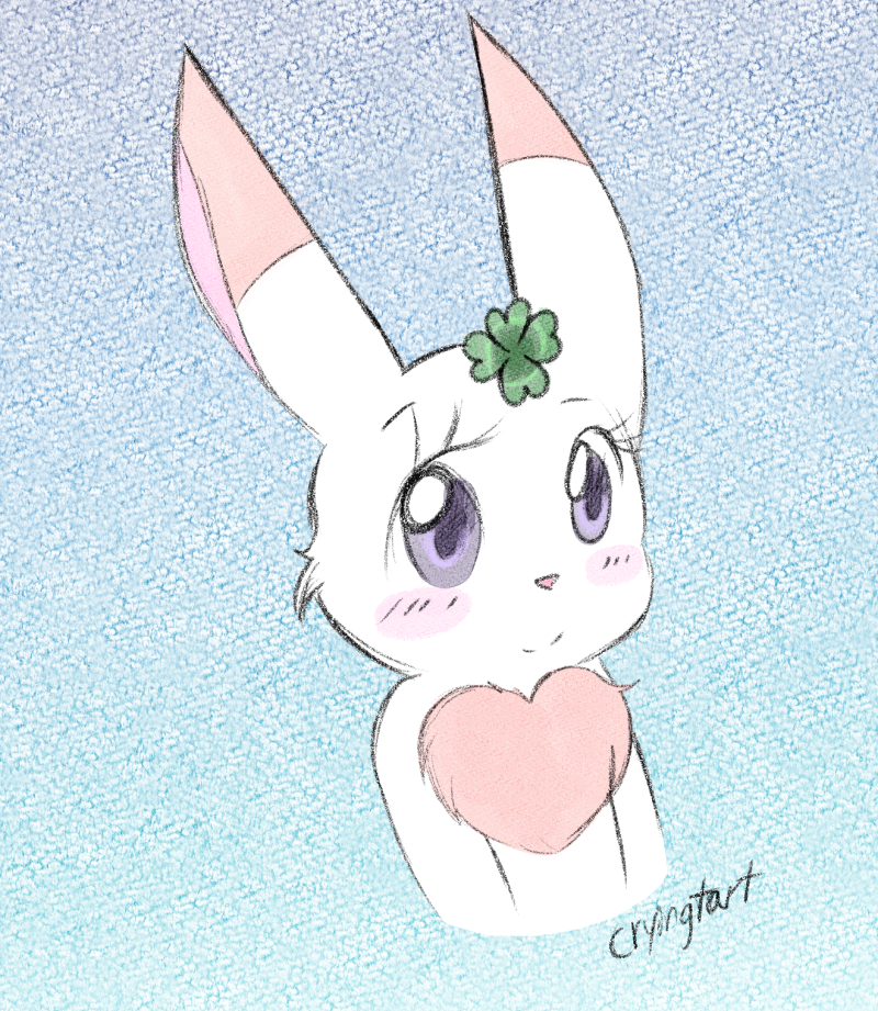 blush chest_tuft clover_(plant) eyelashes female feral fur looking_at_viewer plant purple_eyes shamrock smile solo tuft white_body white_fur young cryingtart happy_happy_clover sayuri_tatsuyama clover_(happy_happy_clover) domestic_rabbit lagomorph leporid mammal oryctolagus rabbit