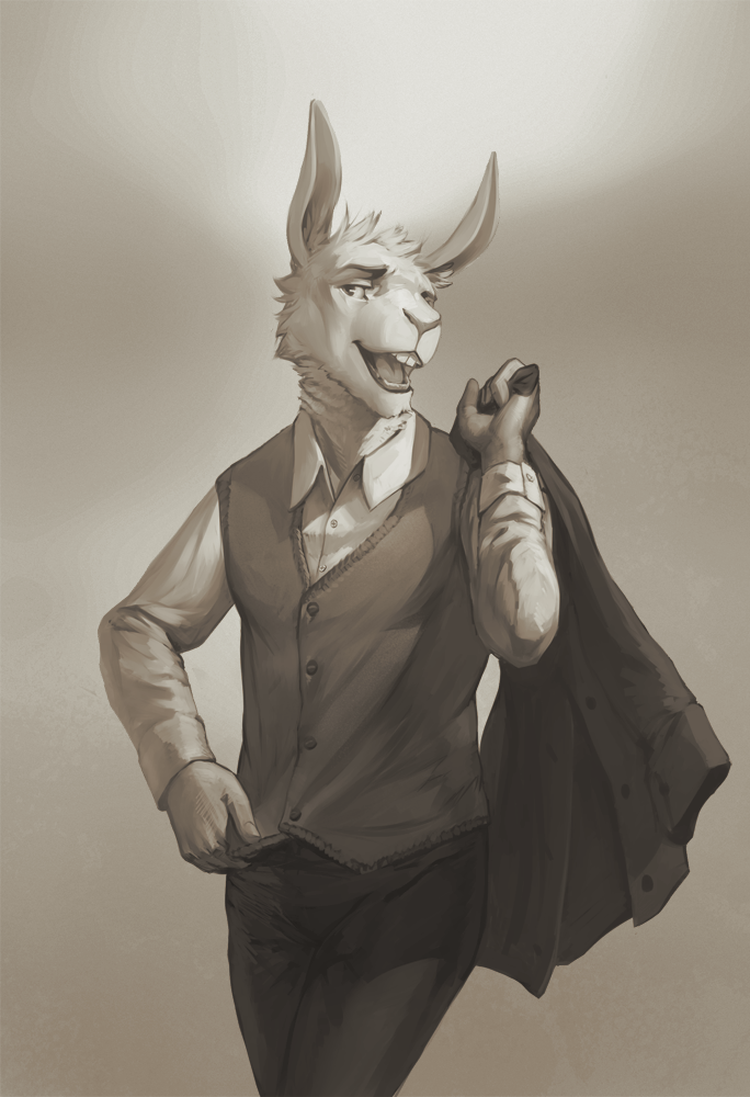 anthro biped bottomwear buckteeth clothed clothing dress_shirt eyebrows fingers front_view fully_clothed grey_background holding_clothing holding_object looking_at_viewer male open_mouth pants shirt simple_background solo standing suit teeth topwear vest whiteleonard virgil_(limemas) lagomorph leporid mammal rabbit 2015 digital_media_(artwork) greyscale monochrome portrait three-quarter_portrait