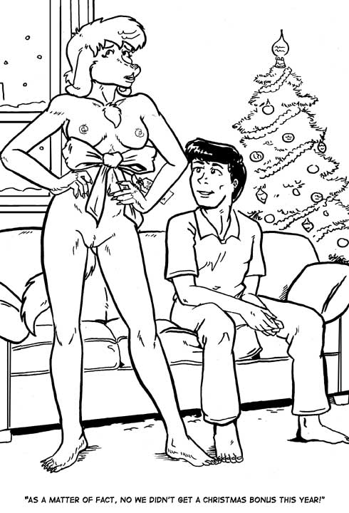 anthro barely_visible_genitalia bottomwear bow_ribbon christmas_tree clothing duo eye_roll female furniture genitals hands_on_hips holidays inside interspecies male nipples nude pants plant shirt sitting smile sofa standing text topwear tree style_wager christmas henrietta_hound beagle canid canine canis domestic_dog human hunting_dog mammal scent_hound english_text monochrome