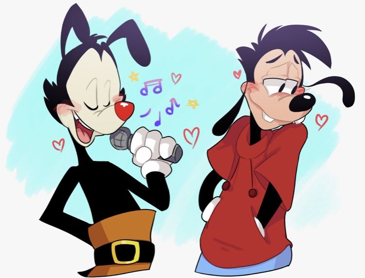 anthro blush clothed clothing duo electronics embarrassed eyes_closed half-closed_eyes hand_in_pocket hands_in_both_pockets heart_symbol holding_object love male male/male microphone musical_note musical_symbol narrowed_eyes on_model pockets shy simple_background singing star symbol sofia_n_nebula animaniacs animaniacs_(2020) disney goof_troop hulu warner_brothers max_goof yakko_warner canid canine canis domestic_dog inkblot mammal