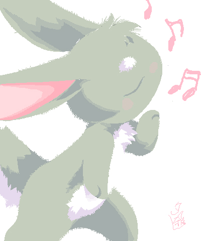 ambiguous_gender blush eyes_closed feral fur grey_body grey_fur long_ears musical_note musical_symbol nude side_view simple_background solo symbol tail white_background white_body white_fur momiji_yu-ga lagomorph leporid mammal rabbit 5:6 aliasing digital_media_(artwork) dithering low_res