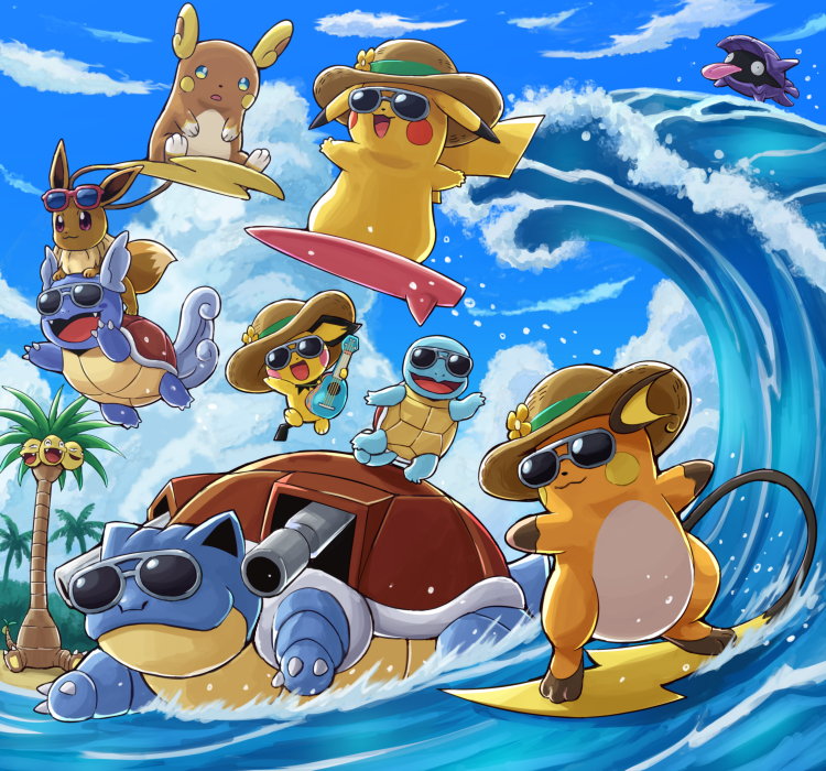 ambiguous_gender beach detailed_background evolutionary_family eyewear feral group large_group outside palm_tree plant seaside semi-anthro sunglasses surfboard surfing tree vehicle watercraft pokemoa nintendo pokemon pokemon_ranger ukulele_pichu alolan_exeggutor alolan_form alolan_raichu blastoise eevee elemental_creature flora_fauna generation_1_pokemon generation_2_pokemon generation_7_pokemon mammal pichu pikachu pokemon_(species) raichu regional_form_(pokemon) reptile scalie shellder squirtle wartortle