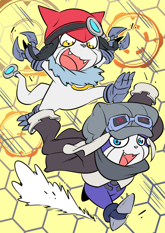 anthro clothing cybernetics duo fur hat headgear headwear machine male open_mouth oversized_clothing running smile teeth rafchan bandai_namco digimon appmon_(species) digimon_(species) gatchmon mammal offmon 2018