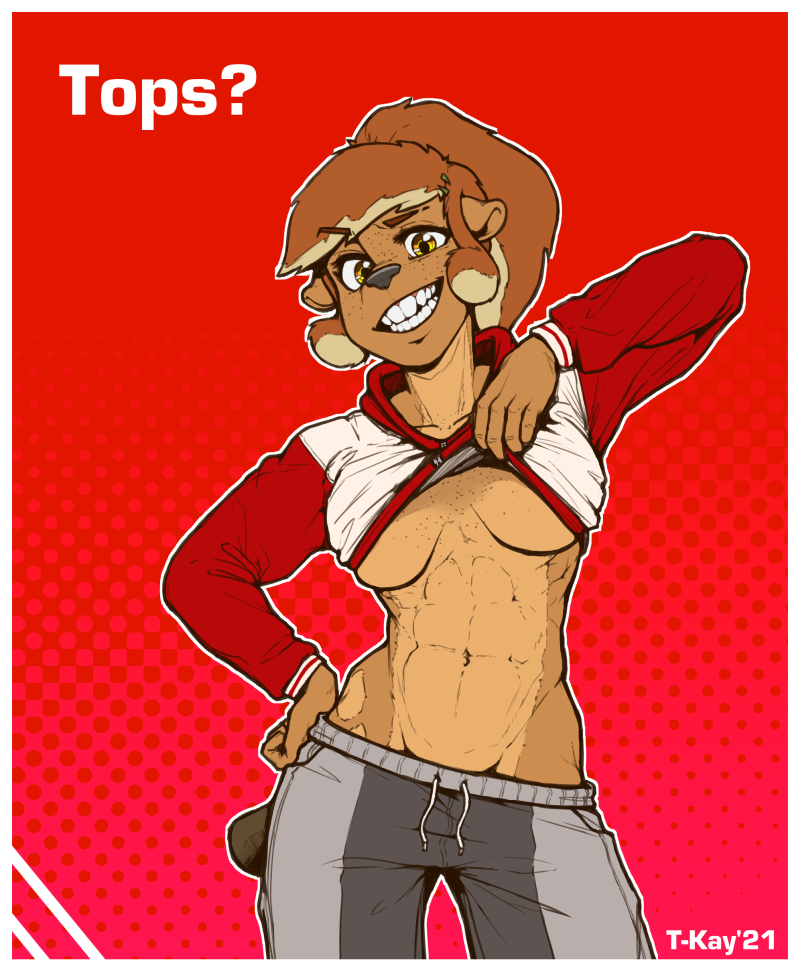 5_fingers abs anthro athletic_wear big_teeth border breasts buckteeth clothed clothing clothing_lift countershading female fingers freckles front_view hair halftone halftone_background hand_on_hip looking_at_viewer low-riding muscular muscular_female pattern_background ponytail red_background shirt shirt_lift simple_background smile solo teeth text topwear under_boob undressing v-cut white_border yellow_eyes t-kay cinn_delafontaine beaver mammal rodent 2021 digital_media_(artwork) english_text