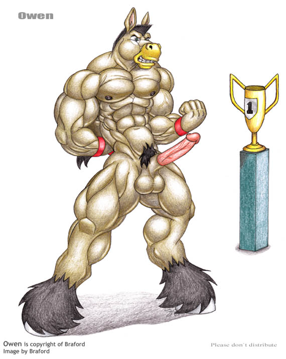 5_fingers animal_genitalia anthro award balls big_muscles black_hair black_nipples brown_body brown_fur erection fingers flexing fur genitals hair hooves huge_muscles humanoid_genitalia humanoid_penis male mostly_nude muscular muscular_anthro muscular_male nipples penis pink_penis pose pubes sheath solo standing trophy vein veiny_muscles veiny_penis wristband braford owen_(braford) asinus donkey equid equine mammal 2005 traditional_media_(artwork)