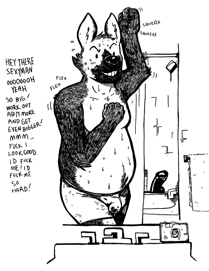 anthro bathroom boxer_briefs bulge camera clothed clothing dildo male mirror overweight overweight_anthro overweight_male profanity sex_toy solo text topless towel underwear what hottapwater tcw_(character) canid canine canis domestic_dog german_shepherd herding_dog mammal pastoral_dog english_text monochrome