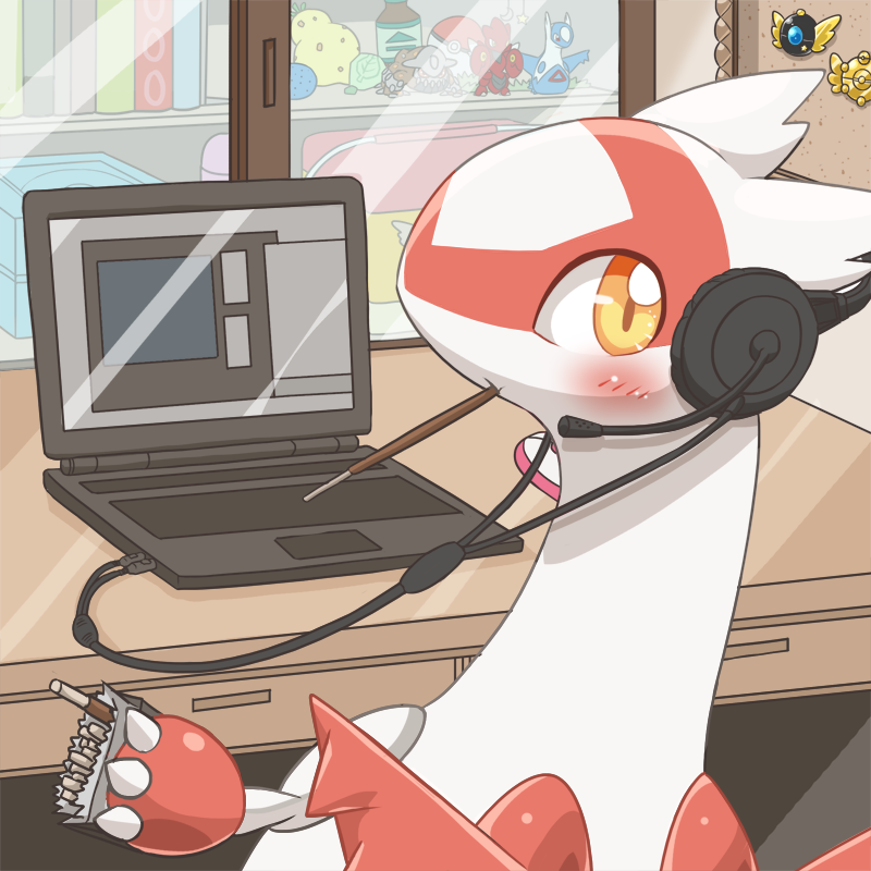 blush computer computer_mouse electronics eon_duo feathers female feral food headgear headphones headset legendary_duo looking_at_viewer pokeball red_body red_feathers solo standard_pokeball white_body white_feathers yellow_eyes ecru_(artist) nintendo pocky pokemon generation_2_pokemon generation_3_pokemon generation_4_pokemon heatran latias latios legendary_pokemon pokemon_(species) scizor 1:1