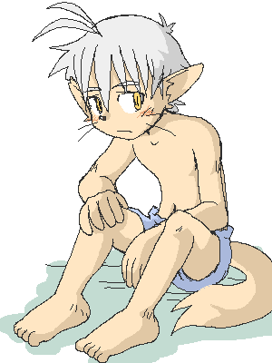 5_fingers 5_toes anthro blush clothed clothing embarrassed feet fingers grey_hair hair hand_on_knee hand_on_leg male shorts_only simple_background sitting solo tail toes topless white_background yellow_eyes young young_anthro young_male konsuke mammal rodent 2004 3:4 archived_source low_res