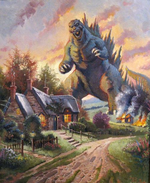 ambiguous_gender building burning burning_building claws destruction detailed_background feral fire flower grass house macro meanwhile_in_japan parody plant scenery smoke solo spines tail teeth toe_claws tree ron_lemen thomas_kinkade godzilla_(series) toho godzilla kaiju digital_media_(artwork) digital_painting_(artwork)