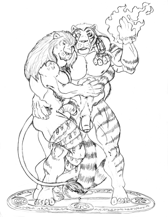 abs anthro balls biceps big_muscles butt crystal duo fire flaccid foreskin genitals hug humanoid_genitalia humanoid_penis jewelry magic male male/male muscular muscular_male partially_retracted_foreskin pecs penis simple_background white_background sudonym rys_khyrsal felid lion mammal pantherine tiger monochrome sketch