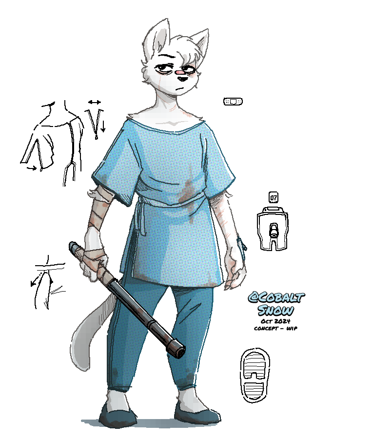 ambiguous_gender anthro bandage biped blood bodily_fluids claws clothed clothing eyebrows fingers fur holding_object hospital_gown scar solo tail text white_body white_fur cobalt_snow conditional_dnp domestic_cat felid feline felis mammal 2024 english_text