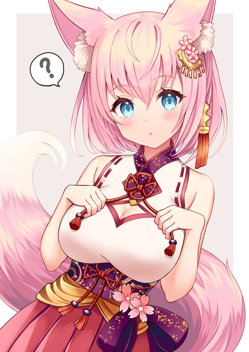 :o accessory asian_clothing blue_eyes bottomwear breasts cleavage cleavage_cutout clothed clothing cutout east_asian_clothing female hair hair_accessory hakama inner_ear_fluff japanese_clothing obi open_mouth pink_hair question_mark solo tuft sakura_ani animal_humanoid canid canid_humanoid canine canine_humanoid fox_humanoid humanoid mammal mammal_humanoid 2022 hi_res