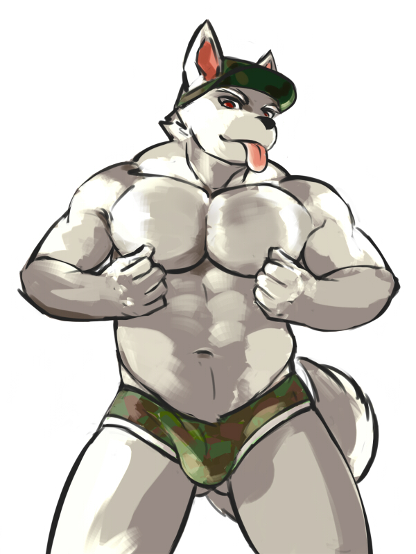 abs anthro biceps big_muscles bulge camo camo_print clothed clothing furgonomics hat headgear headwear male muscular muscular_anthro muscular_male nipple_fetish nipple_play pecs red_eyes solo tongue topless underwear ainro canid canine canis mammal wolf 3:4