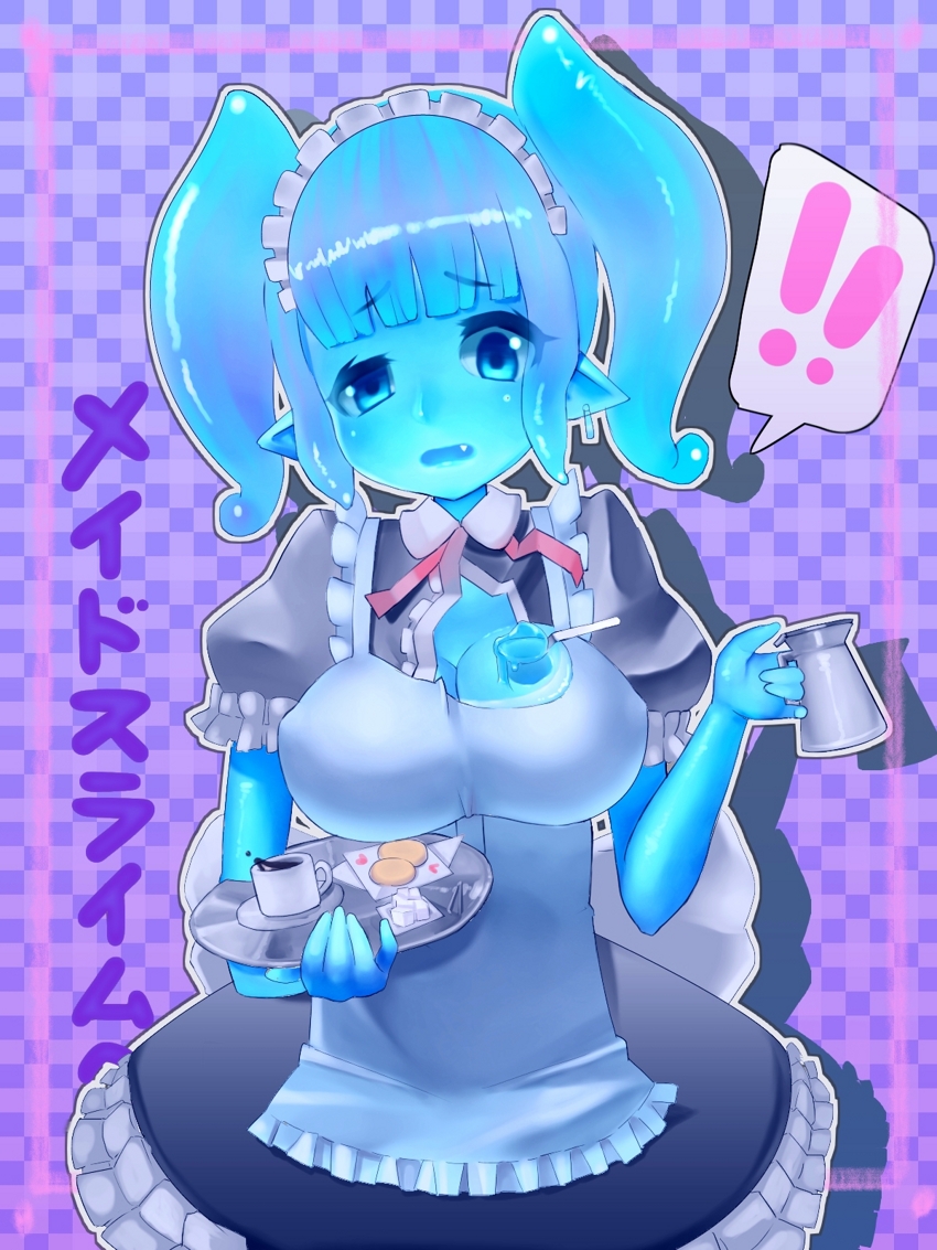 big_breasts breasts clothing container cup dessert exclamation_point female food maid_uniform monster_girl_(genre) not_furry platter shocked slime solo sugar sugar_cube syrup uniform waiter nijitama_shiyushiyu goo_creature goo_humanoid humanoid