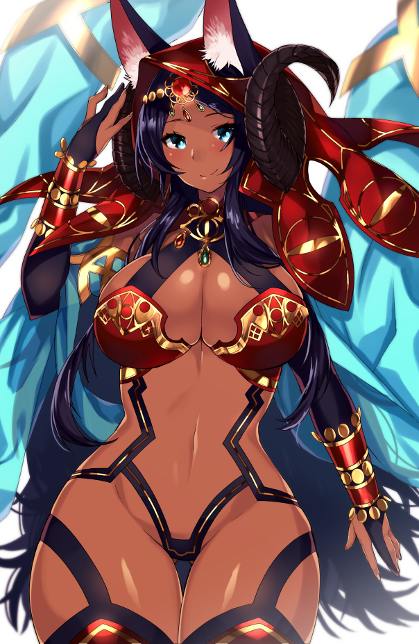 armor armwear big_breasts bikini_armor black_hair blue_eyes blush breasts bridal_gauntlets cleavage clothed clothing dark_body dark_skin female gem hair horn jewelry long_hair looking_at_viewer navel navel_line skimpy smile solo standing thick_thighs unconvincing_armor anoshabu fate_(series) type-moon caster_queen_of_sheba animal_humanoid canid canid_humanoid canine canine_humanoid fox_humanoid humanoid mammal mammal_humanoid