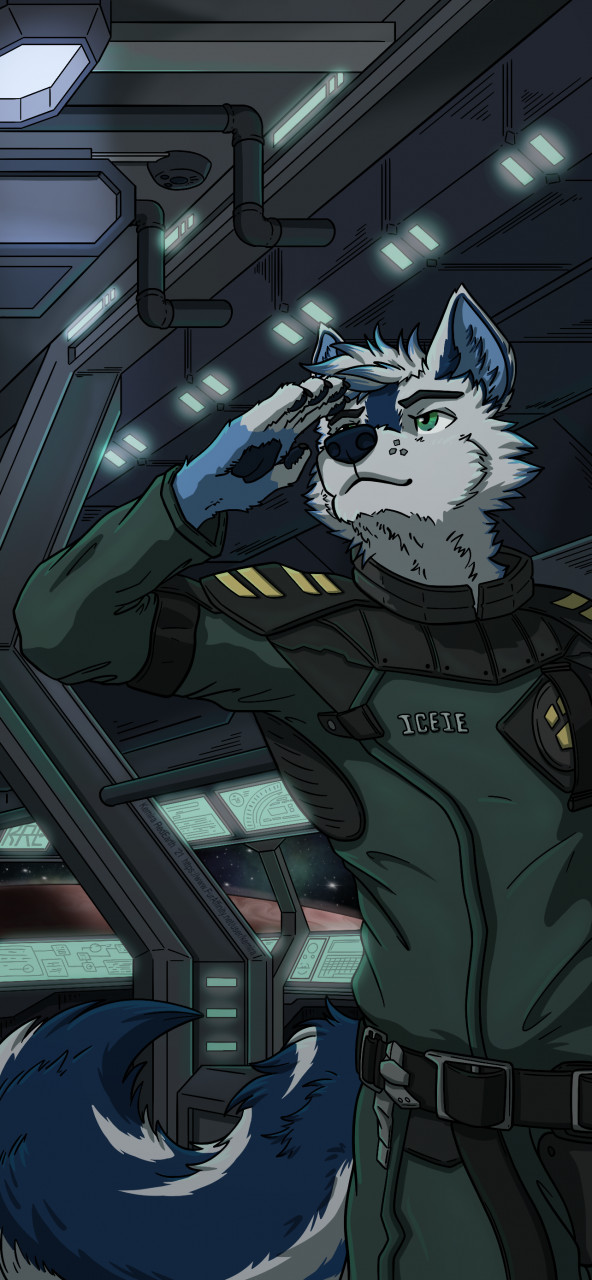 anthro belt blue_body blue_fur blue_inner_ear blue_pawpads blue_snout clothing fur gesture green_eyes green_uniform hair high_tech looking_up male military military_uniform pawpads phone_wallpaper salute screen solo space space_station uniform white_body white_fur kemira iceie canid canine canis mammal wolf hi_res wallpaper