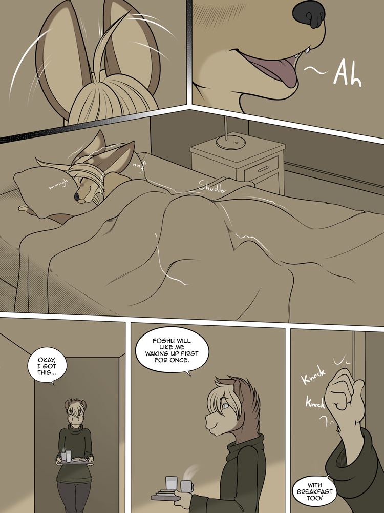 5_fingers anthro bed biped blush blush_lines clothed clothing dialogue female fingers furniture hair male on_bed open_mouth open_smile pillow sleeping smile solo speech_bubble text tongue tongue_out freckles_(artist) foshu_(character) canid canine equid equine fennec_fox fox horse mammal true_fox 3:4 comic english_text