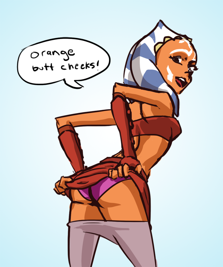 butt clothing cyan_background female head_tails lekku_(anatomy) looking_back not_furry orange_body orange_skin panties pink_clothing pink_underwear simple_background solo text underwear tourbillon star_wars ahsoka_tano alien alien_humanoid humanoid togruta english_text