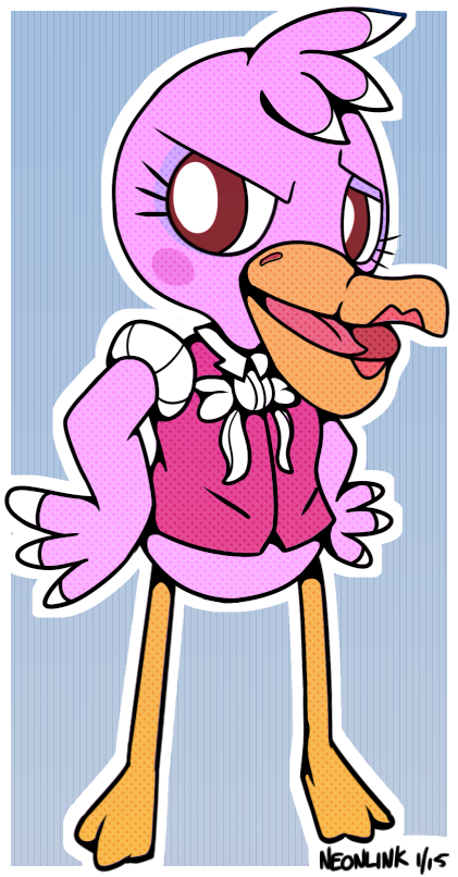 anthro beak beakstick biped clothing eyelashes feathers female furgonomics lipstick makeup open_mouth outline pattern_background pink_body pink_feathers red_eyes simple_background solo standing tongue neonlink animal_crossing nintendo phyllis_(animal_crossing) avian bird pelecaniform pelican